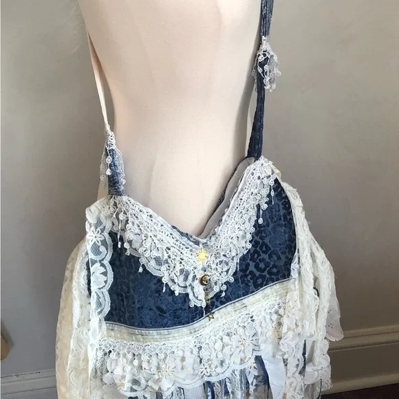 Bohemian Blue Animal Print Cross body Bag w/white lace,ribbon & blue aventurine